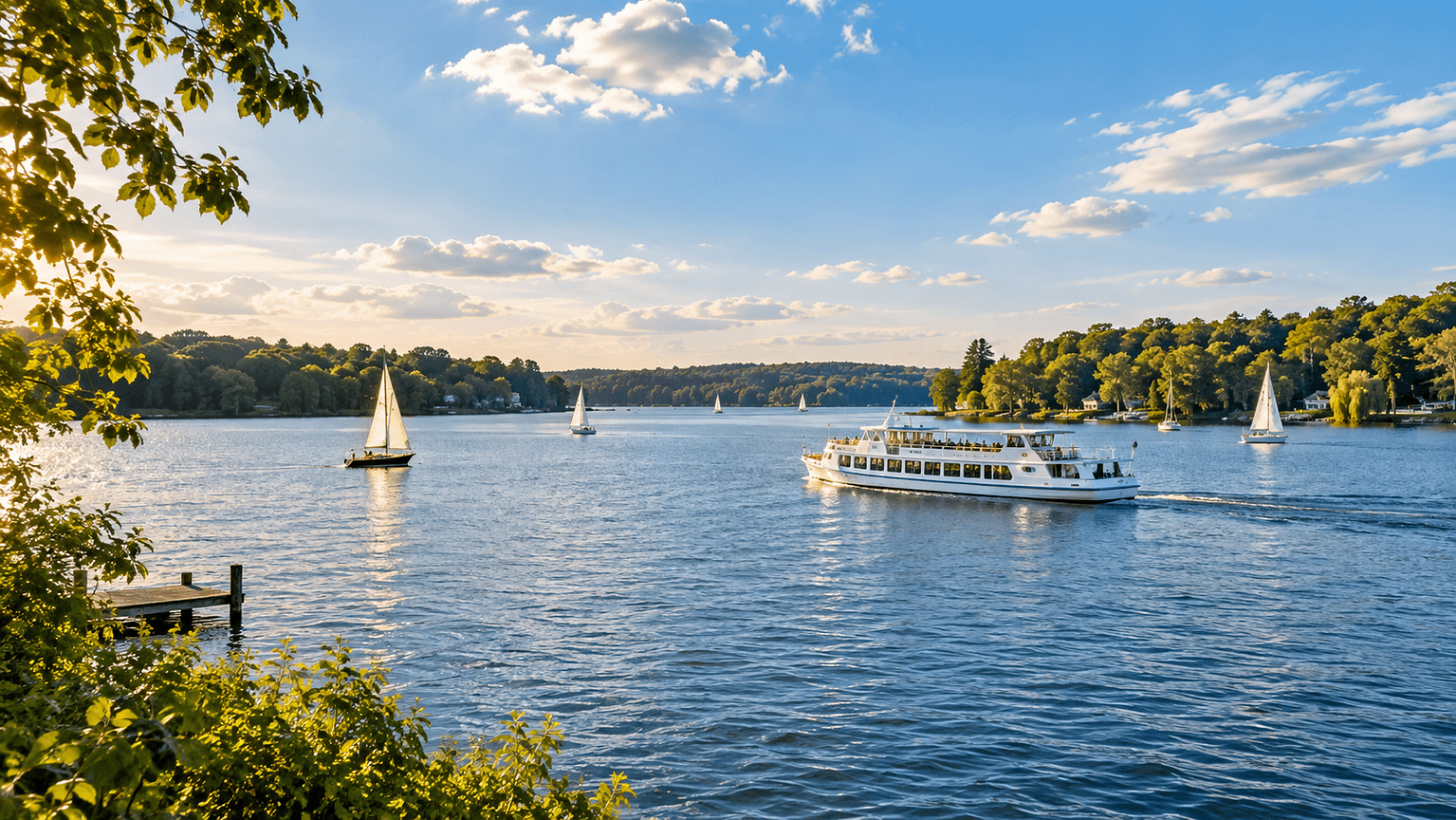 Ausflugsschiff auf dem Wannsee zwischen grünen Ufern