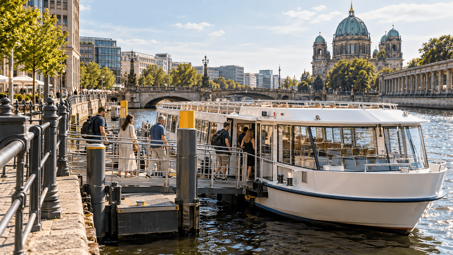 Sightseeing-Boot an einer Anlegestelle am Berliner Spreeufer
